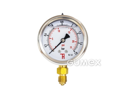 Glyzerin-Manometer mit Bodenauslass, 63mm, Außengewinde G 1/4", 0-1,6bar, -40°C/+60°C, 